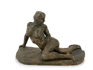 GUSTAV PILLIG pottery female nude statue with bronzed finish, incised "G. Pillig", "11cm x 16cm wide