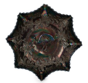 CROWN CRYSTAL "Emu" cobalt carnival glass master bowl, 8cm high x 25 cm wide