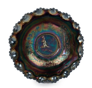 CROWN CRYSTAL "Kangaroo" cobalt carnival glass master bowl, 8cm high x 24 cm wide