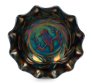 CROWN CRYSTAL "Kingfisher" cobalt carnival glass master bowl, 7cm high x 23.5 cm wide
