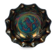 CROWN CRYSTAL "Kingfisher" cobalt carnival glass master bowl, 7cm high x 23.5 cm wide
