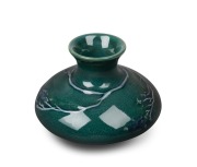 CRUFFEL green porcelain vase with unusual applied branch decoration, rare, original factory foil label to base, 9cm high x 13cm wide