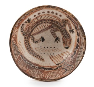 CARL COOPER early pottery dish with painted and sgraffito Aboriginal animal designs, incised "Carl Cooper, Australia, 1946", 5cm high x 14cm diameter