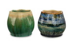 REMUED rare hand-painted pottery vase with coastal scene, accompanied with a standard green version, (2 items), 10.5cm high, 12cm wide each overall.