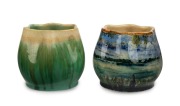 REMUED rare hand-painted pottery vase with coastal scene, accompanied with a standard green version, (2 items), 10.5cm high, 12cm wide each overall.
