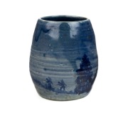 MERRIC & DORIS BOYD (attributed) blue glazed pottery vase with hand painted figures in landscape scene, 12cm high&nbsp;