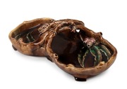 HARVEY SCHOOL brown glazed&nbsp;pottery dish with applied lizard, gumnuts, leaves and branch handle, incised "D.B.", ​​​​​​​27cm wide