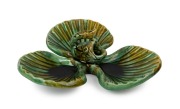 HARVEY SCHOOL green glazed tri-form pottery scallop dish with rising fish finial, incised "A. Scott" with glazing notes, ​​​​​​​20cm wide