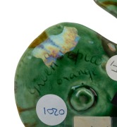 HARVEY SCHOOL green glazed tri-form pottery scallop dish with rising fish finial, incised "A. Scott" with glazing notes, ​​​​​​​20cm wide - 2