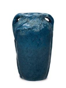 ARTIST UNKNOWN hand-built blue glazed pottery vase with applied branches and incised decoration, incised signature to base (illegible), 21cm high