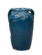 ARTIST UNKNOWN hand-built blue glazed pottery vase with applied branches and incised decoration, incised signature to base (illegible), ​​​​​​​21cm high