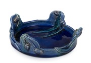 HARVEY SCHOOL blue glazed pottery bowl with applied gumnuts and leaves, incised "M.E. 1932", ​​​​​​​6cm high, 19.5cm wide