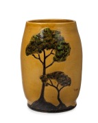 MIKKELSEN pottery vase with incised landscape decoration on mustard yellow ground, incised "P. Mikkelsen", 19cm high