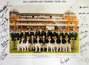 1993 AUSTRALIAN TEAM, official team photograph with title "32nd Australian Touring Team 1993", with 18 signatures on mount including Allan Border, Merv Hughes, Mark Taylor & Shane Warne.