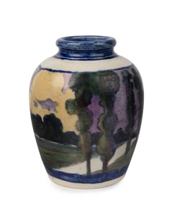 MARTIN MORONEY hand-painted pottery vase with landscape scene, signed "M. MORONEY, QUEENSLAND POTTERY, 522 Queen Street, Brisbane, APRIL 1907", 10.5cm diameter