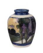 MARTIN MORONEY hand-painted pottery vase with landscape scene, signed "M. MORONEY, QUEENSLAND POTTERY, 522 Queen Street, Brisbane, APRIL 1907", ​​​​​​10.5cm diameter