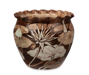 MARTIN MORONEY hand-painted pottery jardiniere with waterlily decoration, signed "M. MORONEY, 522 Queen Street, Brisbane, 9.8.1912", 15cm high, 16cm wide
