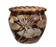 MARTIN MORONEY hand-painted pottery jardiniere with waterlily decoration, signed "M. MORONEY, 522 Queen Street, Brisbane, 9.8.1912", ​​​​​​15cm high, 16cm wide