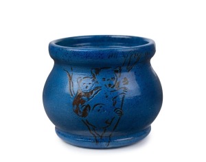 OSREY blue glazed pottery vase with sgraffito koala decoration, incised "OSREY BALLARAT, NATIVE BEARS (Koala), 1923", 9cm high, 11cm wide