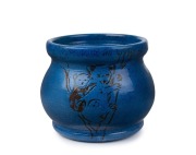 OSREY blue glazed pottery vase with sgraffito koala decoration, incised "OSREY BALLARAT, NATIVE BEARS (Koala), 1923", ​​​​​​​9cm high, 11cm wide