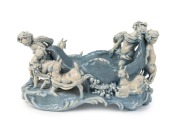 GWEN WATSON pottery bowl adorned with cherubs and classical figures, goats and swags, glazed in blue and cream, 17.5cm high, 32cm wide - 2