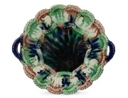 FOWLER antique pottery bread plate with rare mottled glaze, signed by one of the workers "C.A. PHILLIPS", ​​​​​​​32.5cm across the handles