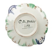 FOWLER antique pottery bread plate with rare mottled glaze, signed by one of the workers "C.A. PHILLIPS", ​​​​​​​32.5cm across the handles - 2