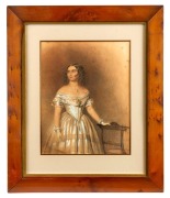 ARTIST UNKNOWN (Australia, 19th century), Colonial portrait of a lady, watercolour, inscribed verso with Fitzroy address, fine period huon pine frame, 33 x 26cm, 54 x 45cm overall.