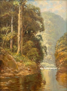 GEORGE HYDE POWNALL (1866-1939), Tunnel Bend, River Yarra, Warrandyte, oil on board, signed lower left "G. H. P." and titled verso, 30.5 x 23cm, 37.5 x 30cm overall.