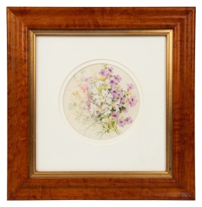 MARIAN ELLIS (ELLIS) ROWAN (1848-1922), (untitled purple and white floral study), watercolor and gouache, signed "Ellis Rowan", ​​​​​​​ 14.5cm diameter, 36 x 35cm overall