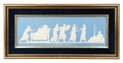 WEDGWOOD "Hector Taking Leave Of Andromache" antique English blue Jasper Ware pottery plaque, circa 1820s, impressed "WEDGWOOD", ​​​​​​​the plaque 15 x 44.5cm, framed 27 x 57cm overall