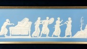 WEDGWOOD "Hector Taking Leave Of Andromache" antique English blue Jasper Ware pottery plaque, circa 1820s, impressed "WEDGWOOD", ​​​​​​​the plaque 15 x 44.5cm, framed 27 x 57cm overall - 2