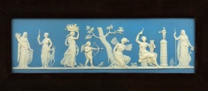 WEDGWOOD "Classical Reliefs" antique English blue Jasper Ware pottery plaque, circa 1820s, impressed "WEDGWOOD", the plaque 12.5 x 41cm, framed 30 x 59cm overall