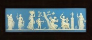 WEDGWOOD "Classical Reliefs" antique English blue Jasper Ware pottery plaque, circa 1820s, impressed "WEDGWOOD", the plaque 12.5 x 41cm, framed 30 x 59cm overall
