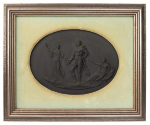 WEDGWOOD "The Judgment of Hercules" antique English basalt oval pottery plaque, circa 1820s, impressed "WEDGWOOD", the plaque 21 x 28cm, framed 37 x 45cm overall