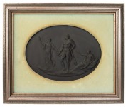 WEDGWOOD "The Judgment of Hercules" antique English basalt oval pottery plaque, circa 1820s, impressed "WEDGWOOD", the plaque 21 x 28cm, framed 37 x 45cm overall