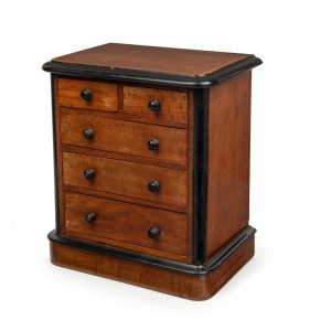 An antique English mahogany five drawer apprentice chest with ebonised trim and knobs, 19th century, 36cm high, 33cm wide, 22cm deep