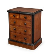 An antique English mahogany five drawer apprentice chest with ebonised trim and knobs, 19th century, 36cm high, 33cm wide, 22cm deep
