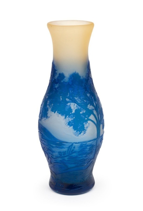 GALLÉ French blue cameo glass landscape vase, early 20th century, signed "Gallé" in design, 13.5cm high