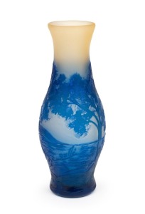 GALLÉ French blue cameo glass landscape vase, early 20th century, signed "Gallé" in design, 13.5cm high