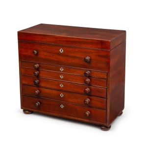 A Georgian mahogany collector's chest with lift-top and unusual graduated sequence of six drawers, 19th century, 34cm high, 38cm wide, 18cm deep