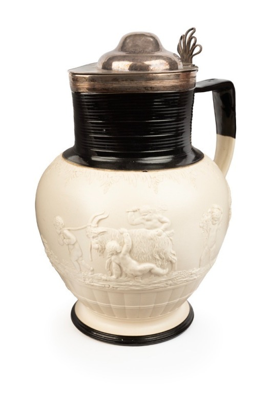 ADAMS antique English sprigged pottery jug with Sheffield plated mount and lid, early 19th century, 26cm high