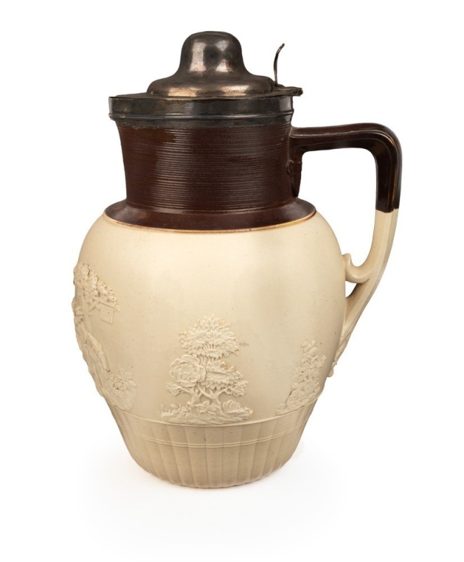 TURNER antique English sprigged pottery ale jug with sterling silver mount and lid, early 19th century, impressed "TURNER", 27cm high