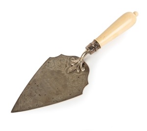 SUMMER HILL, SYDNEY INTEREST: Antique sterling silver and ivory presentation trowel engraved "Presented To MRS BARKER On The Occasion Of Her Laying The Foundation Stone Of St. Andrews School Church, Summer Hill, February 12, 1881." Retailed by T. T. Jones & Son, Sydney. Manufactured by George Angel of London. 25cm long