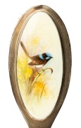 ROYAL WORCESTER blue fairy wren and wattle antique English hand-painted porcelain panel on sterling silver brush, signed "R. AUSTIN", 25cm long - 2