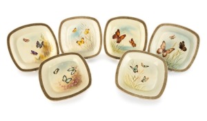 ROYAL WORCESTER group of six English porcelain plates with hand-painted butterfly decoration, all signed "R. RUSHTON" and titled in Latin on the reverse of each, puce factory mark to bases "Royal Worcester, England, Flavelle Brothers Ltd.", 22cm wide