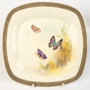 ROYAL WORCESTER group of six English porcelain plates with hand-painted butterfly decoration, all signed "R. RUSHTON" and titled in Latin on the reverse of each, puce factory mark to bases "Royal Worcester, England, Flavelle Brothers Ltd.", 22cm wide - 2