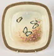 ROYAL WORCESTER group of six English porcelain plates with hand-painted butterfly decoration, all signed "R. RUSHTON" and titled in Latin on the reverse of each, puce factory mark to bases "Royal Worcester, England, Flavelle Brothers Ltd.", 22cm wide - 10