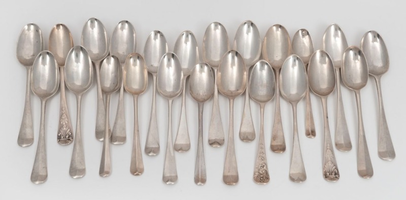 Twenty three assorted antique sterling silver teaspoons including five rat tail examples, shell back and floral back examples, etc, English and Channel Islands, mostly 18th century, 256 grams total