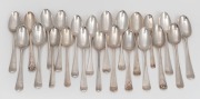 Twenty three assorted antique sterling silver teaspoons including five rat tail examples, shell back and floral back examples, etc, English and Channel Islands, mostly 18th century, 256 grams total